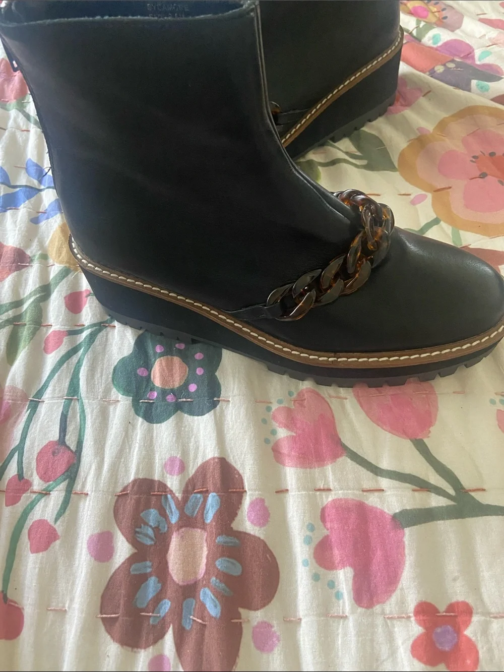 Coconuts by Matisse Black Leather Platform Ankle Boots with Tortoiseshell Chain